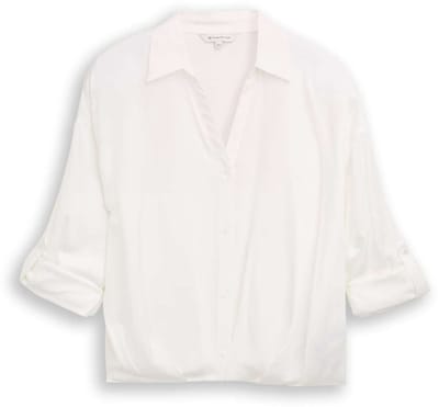 Tom Tailor - Oversized satijnen blouse met omslagfunctie - Maat 34 - Whisper White