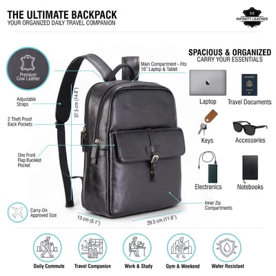Echte leren zwarte vintage laptoprugzak reistas - Cove