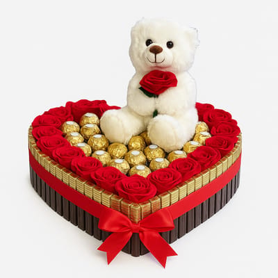 Luxe Snoeptaart met Witte Teddybeer, Rozen & Ferrero Rocher – Luxecadeaumanden