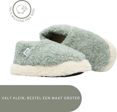 LuLu- Pantoffels Dames - Sloffen - Groen Wit - 100% Schapenwol - Antislip zool - Maat 37 - 38