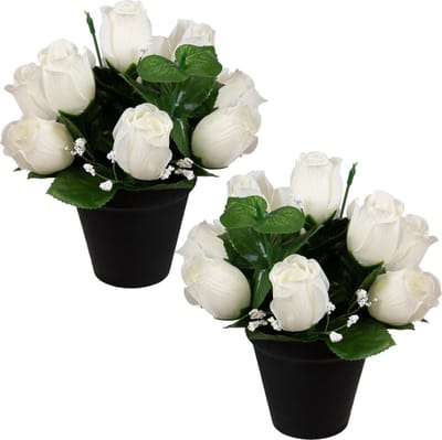 Louis Maes Kunstbloemen klein boeketje rozen in pot - 2x - wit - H25 cm - Bloemstuk - Bladgroen