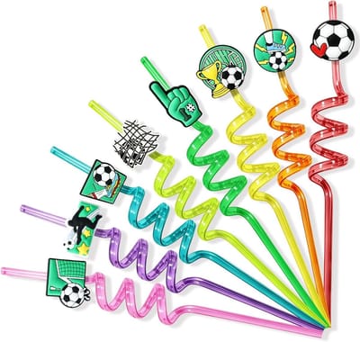 Dailygoods- Voetbalrietjes 8 stuks - Herbruikbare Rietjes - Rietjesborstel - Versierd met Voetbal - Veilig en Niet Giftig - 26 cm Lengte
