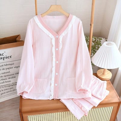 Katoenen Damespyjama Kleurcontrast V-Hals Kant Huiskleding Zoet Vest Broek 2-Delig Nachtkleding Losse Casual Homewear L
