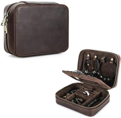 Dailygoods- Sieradendoos Retro - Lederen Opbergorganizer - Oorbellen/Ringen/Halskettingen/Armbanden - Draagbaar - Make-upspiegel - Duurzaam Echt Leer - Sieradenetui