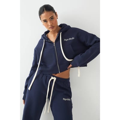 Dames DSGN Studio Contrast Trekkoord Boxy Crop Hoodie | Marineblauw | Maat: 2XL