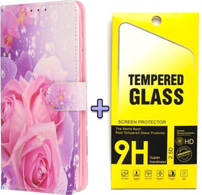 HB Hoesje Geschikt voor Samsung Galaxy S21 FE met Print - Portemonnee Book Case - Kaarthouder & Magneetlipje - Rozen & Glazen Screenprotector