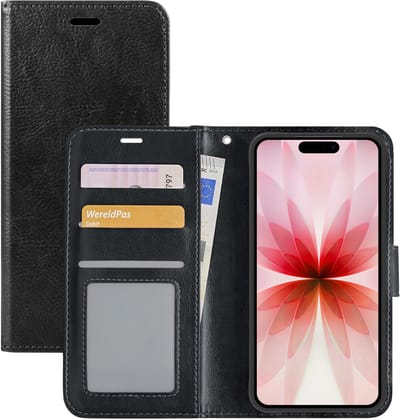 Hoesje - Met Pasjeshouder - Geschikt voor Apple iPhone 17 - Luxe Bookcase Portemonee - Flip Case - Kunstleer Book Case - Flipcase - Book Cover - Walletcase - Portemonneehoes - Zwart