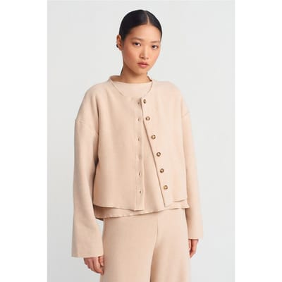 Dames Ribbels Crew Neck Knopen Cardigan
