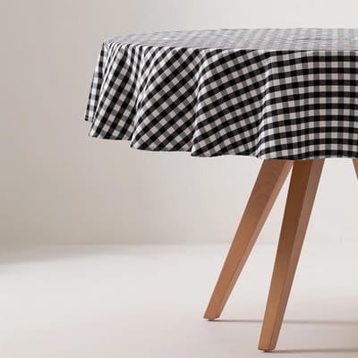 GAMUSI VICHY Rond Tafelkleed - Vlekwerend - Katoen Look - Ruitjes - 160 x 160 cm - Zwart- OEKO-TEX