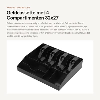 Dailygoods- Geldkassette 32 x 27 cm - 4 Compartimenten - 4 Muntzakken - Plastic - Lichtgewicht 565 gr - Ideaal voor kleine kassa - Cashbox