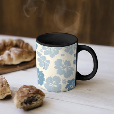 Magische Mok - Foto op Warmte Mokken - Koffiemok - Hibiscusbloemen - Blauw - Patroon - Tropisch - Magic Mok - Beker - 350 ML - Theemok