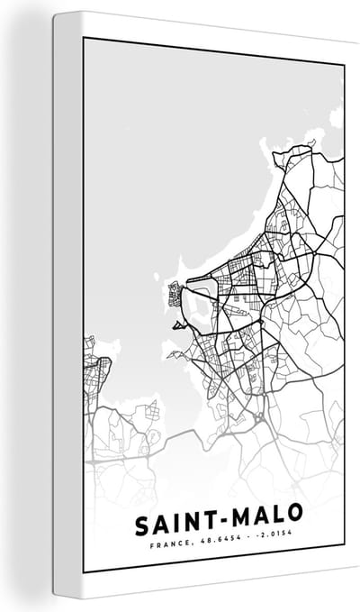 Canvas Schilderij Saint-Malo - Kaart – Plattegrond – Frankrijk – Stadskaart - Zwart wit - 20x30 cm - Wanddecoratie
