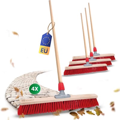 4x Straatbezems 60 cm met houten steel I Elaston rood I Bezem voor buiten I Industriële bezem Tuinbezem met steel Sneeuwbezem Universele bezem Stalbezem Winterbezem