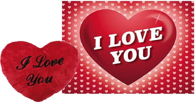 Out of the blue Pluche knuffel kussen rood - I Love You - 35 cm - met Love / hartjes thema wenskaart - Cadeau set