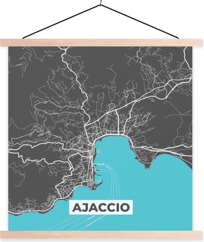 Posterhanger incl. Poster 40x40 cm - Schoolplaat - Ajaccio - Frankrijk - Stadskaart - Kaart - Plattegrond - Corsica - Textielposter - Blanke latten - Stadskaart