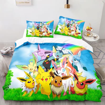 Pokemon Pikachu Beddengoed Set 3D Huis Dekbedovertrek Slaapkamer Decor Voor Kinderen Jongen Meisje Dekbedovertrek Queen King Size EU Double(200*200cm)3pcs