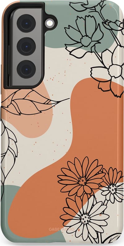 Casetastic hoesje geschikt voor Samsung Galaxy S22 - Dubbellaagse bescherming - Lijnenspel Botanisch - Fashion Case - Crème Saliegroen Perzik