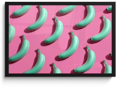 Poster in lijst - Fotolijst 60x40 cm - Posters - Bananen - Patroon - Blauw - Roze - Posterlijst zwart - Decoratie - Wanddecoratie woonkamer - Muurdecoratie slaapkamer