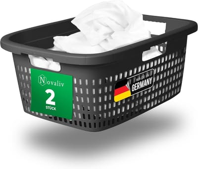 Novaliv set van 2 wasmanden met 3 handgrepen 25L antraciet, wasboxset wasemmer wascontainer voor badkamerwas vuile was, wasmanden vuile wascontainer huishoudmand verzamelbox