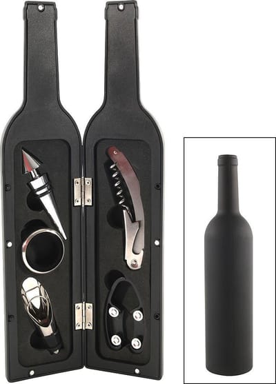 Wijnfles opener set zwart - 6-delig cadeau wijnaccessoires.