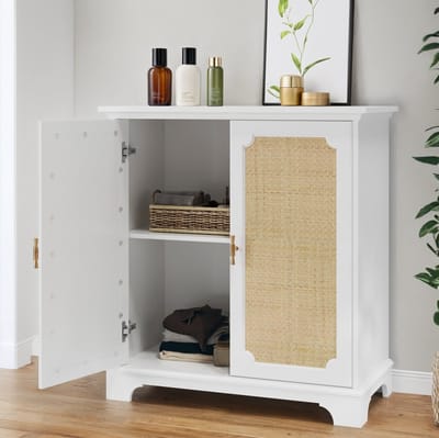 OKWISH Dressoir – Rotan Deuren – 80x38x86 cm – 2 Deuren Met Verstelbare Plank – Opbergkast Voor Woonkamer Hal Keuken – Wit