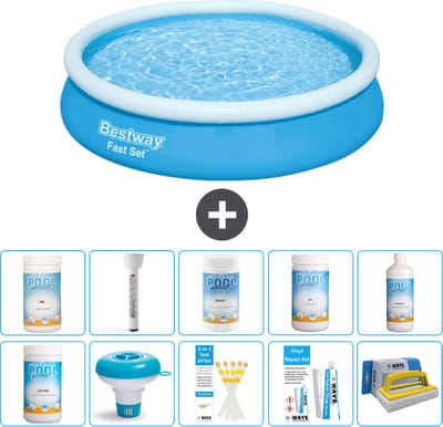 Bestway Rond Opblaasbaar Fast Set Zwembad - 366 x 76 cm - Blauw - Inclusief Chloor - Chloordrijver - Testrips - Reparatiesetje - Scrubborstel - PH-min - PH-plus - Thermometer - Anti Alg - 11-delig