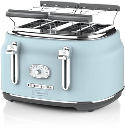 Westinghouse Retro Broodrooster – 4 Sneden – Extra Brede Sleuven – Warmhoudrek – 1750W – Blauw
