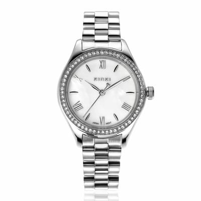 ZINZI Tresor horloge 32mm bezet met witte zirkonia's, parelmoer wijzerplaat en zilverkleurige stalen kast en schakelband ZIW2417