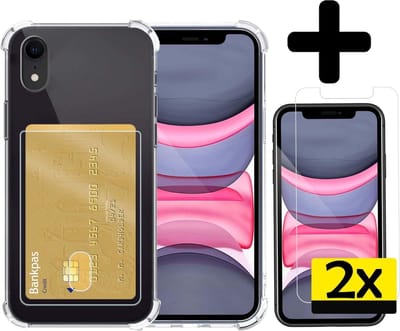 Hoesje - Geschikt voor Apple iPhone XR - Met 2x Screenprotector - Pashouder - Kaarthouder - Telefoon Hoes Shockproof - Siliconen Case - Back Cover - Shock Proof - Pasjes Houder - Telefoonhoesjes - Transparant