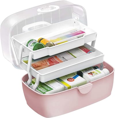 EHBO-doos en Medicijnopbergkoffer - Draagbare Organizer voor Thuis en Buiten - 3-laags Design in Roze (30 x 19 x 16 cm)