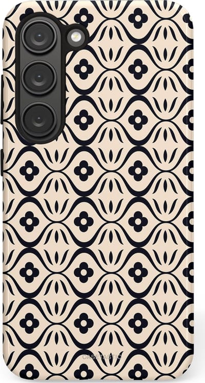Casetastic hoesje geschikt voor Samsung Galaxy S23 - Dubbellaagse bescherming - Retro crème-zwarte bloemenprint - Fashion Case - Crème Grijs Donkergrijs