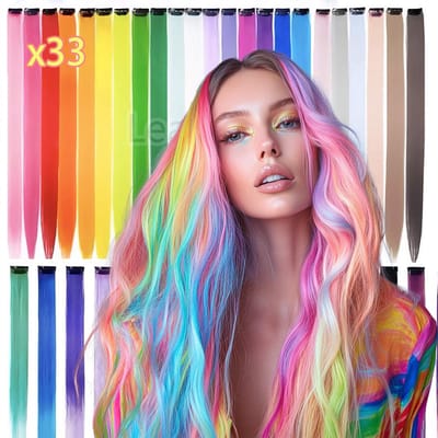 33 stuks gekleurde haarextensies multi-kleuren party highlights clip in synthetische haarextensies regenboog haardelen voor meisjes vrouwen kinderen cadeau Lange Rechte Haarpruik (kleurrijke set) Regenboogfeest Haarstukjes Haarextensies Clip