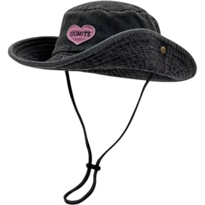 Chapeau de soleil d'été pliable pour femme avec cordon de serrage, broderie cœur, chapeau de pêcheur, large bord, coupe-vent, chapeau de cowboy western black
