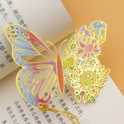 Metalen Boekenleggers met Vlinder en Bloem in Chinese Stijl, Exquise Holle Kwast Hanger, Boekclip, Leesgereedschap voor Studenten, Schoolbenodigdheden beige