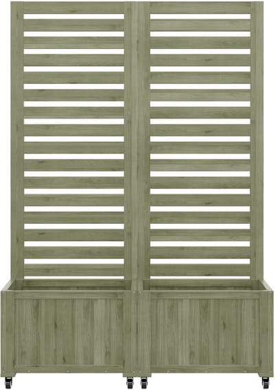 Plantenbak, buiten plantenbak met latwerk als klimhulp, bloembak, van massief hout in bruin, geschikt voor tuin, erf en terras, met inklapbare en universele wielen-Groen