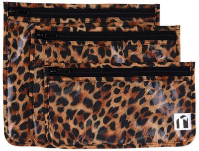 Roamio by Bumkins Clear Front Travel Bags - Reistasjes met Doorzichtig Venster - Set van 3 in 3 Formaten - Toilettasje, Make-up Etui en Reis Organizer - Met Rits - Waterdicht - Leopard Luipaardprint - Bruin Zwart