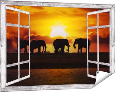 Gards Tuinposter Doorkijk Silhouet Olifanten tijdens Zonsondergang - 120x80 cm - Tuindoek - Tuindecoratie - Wanddecoratie buiten - Tuinschilderij