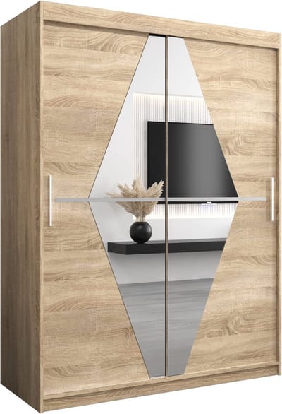 InspireMe - Kledingkast met 2 schuifdeuren, Modern-stijl, Een kledingkast met planken en een spiegel (BxHxD): 150x200x62 - BOLA 150 Sonoma Eik