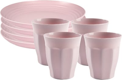 Plasticforte camping servies van kunststof - 8x dinerborden en 8x drinkbekers - roze - onbreekbaar