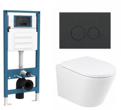 QeramiQ Dely Toiletset - inbouwreservoir Qeramiq Flush - 35mm zitting - kunststof mat antraciete bedieningsplaat - ronde knoppen - glans wit