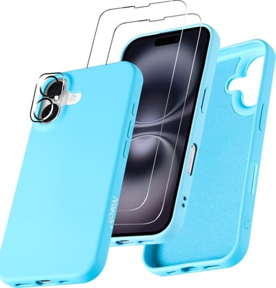 Hoesje Geschikt voor iPhone 16 Plus – Zacht siliconen liquid backcover met 2x screenprotectors gehard glas en 1x lens protector – Licht Blauw