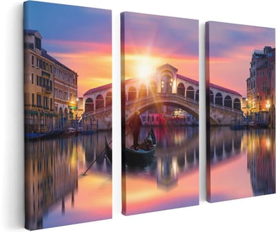 Artaza Canvas Schilderij Drieluik Gondel bij de Rialtobrug in Venetië, Italië - 120x80 cm - Wanddecoratie Woonkamer - Schilderijen - Muurdecoratie
