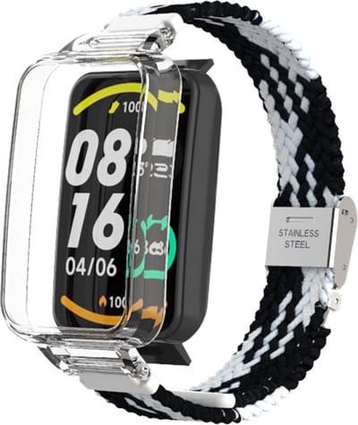 By Qubix - Braided nylon bandje met case - Zwart met wit - Geschikt voor Xiaomi Smart Band 7 Pro / Mi Band 7 Pro bandje