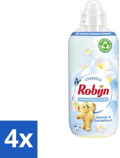 4 x Robijn - Jasmijn & Sandelhout - Wasverzachter - Luxe Geurbeleving - 33 Wasbeurten - 825 ml - Wasverzachter - Jasmijn - Sandelhout - Wasgeur - Kleding Verzorgen
