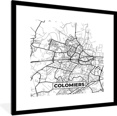 Fotolijst incl. Poster Zwart Wit- Colomiers - Stadskaart - Plattegrond - Kaart - Frankrijk - Zwart wit - 40x40 cm - Posterlijst