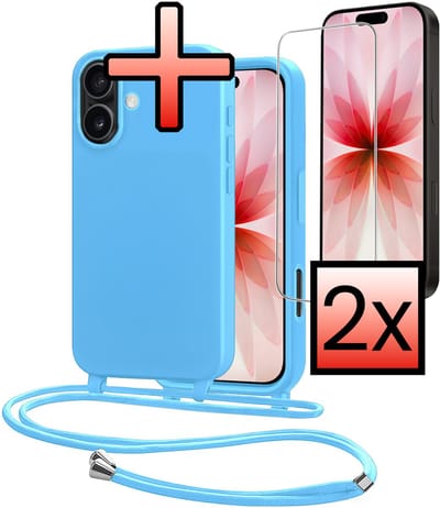 Hoes Geschikt voor iPhone 17 Met Telefoonkoord Met 2x Screenprotector - Siliconen Hoesje Backcover Met Ketting - Lichtblauw