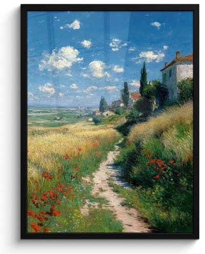 Poster in lijst - Fotolijst 60x80 cm - Posters - Zandpad - Huis - Bomen - Grasveld - Posterlijst zwart - Decoratie - Wanddecoratie woonkamer - Muurdecoratie slaapkamer