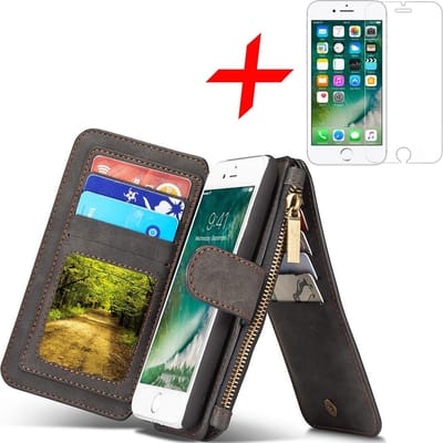 Hoesje geschikt voor Apple iPhone 7 / 8 Hoesje Portemonnee Luxe Kunstlederen Wallet Case met Afneembare Back Cover Zwart + Screenprotector Gehard Glas van iCall
