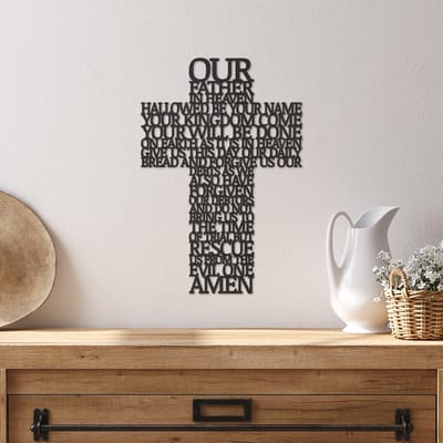 Wanddecoratie Kruis Onze Lieve Vader - Muurdecoratie Kruis - Muurdecoratie Hout - Wanddecoratie Hout - Muurdecoratie Woonkamer - Wanddecoratie Woonkamer - Wanddecoratie Industrieel - Geloof Christendom - Home Decor - Wall Line Art - 42.5 x 29 cm