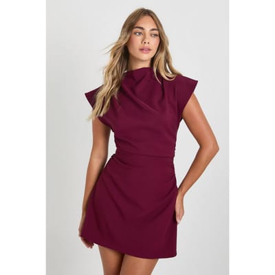 boohoo Dames Geraffelde shiftjurk met hoge hals en capmouwen | Bordeaux Rood | Maat: 36